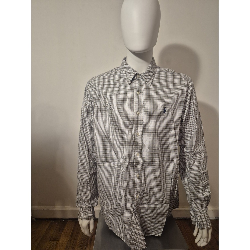 Ralph Lauren Shirt Mens XXL 2XL Blue Plaid Long Sleeve Custom Fit Button Up Pony
